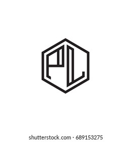 Initial letter PL, minimalist line art monogram hexagon logo, black color