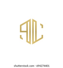 Initial letter PL, minimalist line art hexagon shape logo, gold color