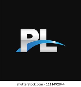 Initial letter PL, overlapping movement swoosh logo, metal silver blue color on black background