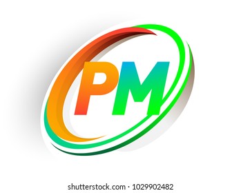 initial letter PM logotype company name colored orange and green circle and swoosh design, modern logo concept. vector logo for business and company identity.