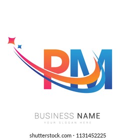 initial letter PM logotype company name colored orange, red and blue swoosh star design. vector logo for business and company identity.
