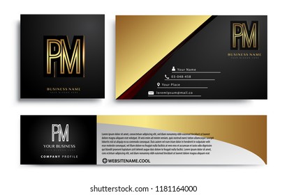 initial letter PM logotype company name colored gold elegant design. Vector sets for business identity on black background.