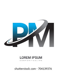 initial letter PM logotype company name colored blue and grey swoosh design. logo design for business and company identity.