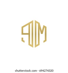 Initial letter PM, minimalist line art hexagon shape logo, gold color