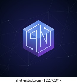 Initial letter PN, block chain, looping mono line circuit letter on hexagon cube logo, blue magenta gradient color on black blue network background