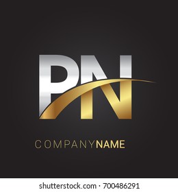 initial letter PN logotype company name colored gold and silver swoosh design. isolated on black background.