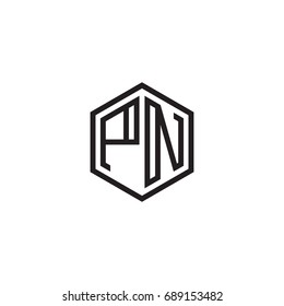 Initial letter PN, minimalist line art monogram hexagon logo, black color