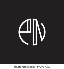 Initial letter PN, minimalist line art monogram circle shape logo, white color on black background