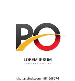 initial letter PO logotype company name colored red, black and yellow swoosh design. isolated on white background.
