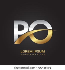 initial letter PO logotype company name colored gold and silver swoosh design. isolated on black background.