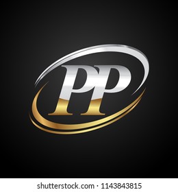 initial letter PP logotype company name colored gold and silver swoosh design. isolated on black background.