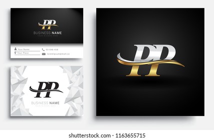 initial letter PP logotype company name colored gold and silver swoosh design. Vector sets for business identity on white background.
