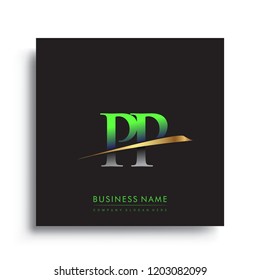 initial letter PP logotype company name colored green and gold swoosh design. vector logo for business and company