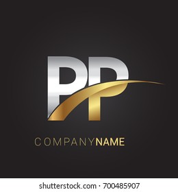 initial letter PP logotype company name colored gold and silver swoosh design. isolated on black background.