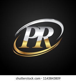 initial letter PR logotype company name colored gold and silver swoosh design. isolated on black background.