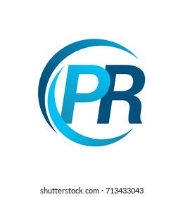 initial letter PR logotype company name blue circle and swoosh design. vector logo for business and company identity.