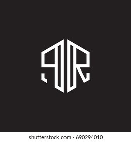 Initial letter PR, minimalist line art monogram hexagon shape logo, white color on black background