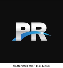 Initial letter PR, overlapping movement swoosh logo, metal silver blue color on black background