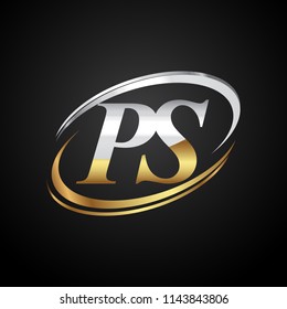 initial letter PS logotype company name colored gold and silver swoosh design. isolated on black background.
