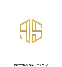 Initial letter PS, minimalist line art hexagon shape logo, gold color