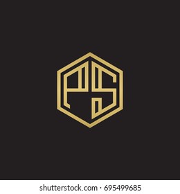 Initial letter PS, minimalist line art hexagon logo, gold color on black background