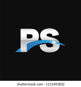 Initial letter PS, overlapping movement swoosh logo, metal silver blue color on black background