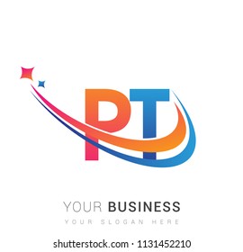 initial letter PT logotype company name colored orange, red and blue swoosh star design. vector logo for business and company identity.
