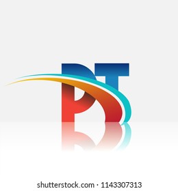initial letter PT logotype company name colored red and blue and swoosh design. vector logo for business and company identity.
