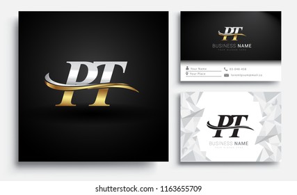 initial letter PT logotype company name colored gold and silver swoosh design. Vector sets for business identity on white background.