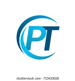 initial letter PT logotype company name blue circle and swoosh design. vector logo for business and company identity.
