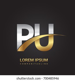 initial letter PU logotype company name colored gold and silver swoosh design. isolated on black background.