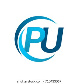 initial letter PU logotype company name blue circle and swoosh design. vector logo for business and company identity.