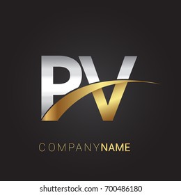 initial letter PV logotype company name colored gold and silver swoosh design. isolated on black background