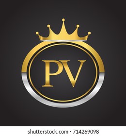initial letter PV logotype company name with oval shape and crown, gold and silver color. vector logo for business and company identity.