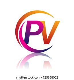 initial letter PV logotype company name orange and magenta color on circle and swoosh design. vector logo for business and company identity.