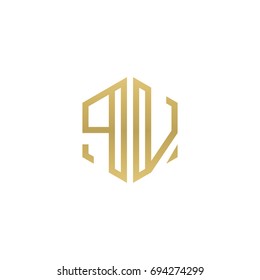 Initial letter PV, minimalist line art hexagon shape logo, gold color