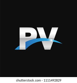 Initial letter PV, overlapping movement swoosh logo, metal silver blue color on black background