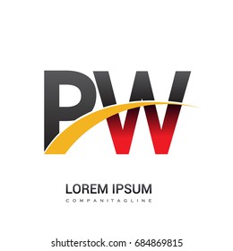 initial letter PW logotype company name colored red, black and yellow swoosh design. isolated on white background.
