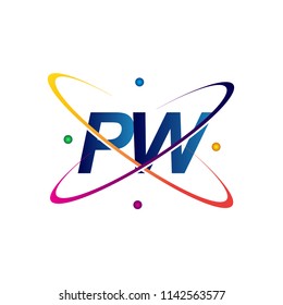 initial letter PW logotype science icon colored blue, red, green and yellow swoosh design. vector logo for business and company identity.
