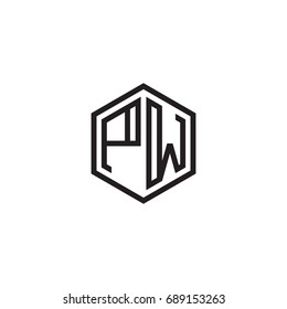 Initial letter PW, minimalist line art monogram hexagon logo, black color