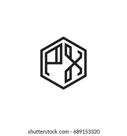 Initial letter PX, minimalist line art monogram hexagon logo, black color