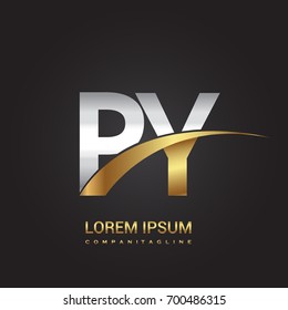 initial letter PY logotype company name colored gold and silver swoosh design. isolated on black background.
