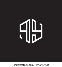 Initial letter PY, minimalist line art monogram hexagon shape logo, white color on black background