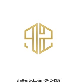Initial letter PZ, minimalist line art hexagon shape logo, gold color