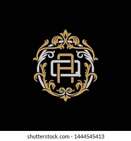 Initial letter Q and A, QA, AQ, decorative ornament emblem badge, overlapping monogram logo, elegant luxury silver gold color on black background