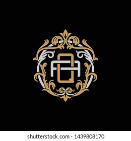 Initial letter A and Q, AQ, QA, decorative ornament emblem badge, overlapping monogram logo, elegant luxury silver gold color on black background