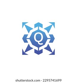 Letra inicial logotipo de tecnología de transferencia de tecnología de dirección de flecha Q