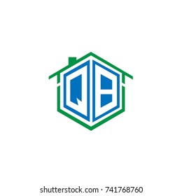 Initial Letter Q, B, QB Hexagonal Shape Logo Design with House Home Icon