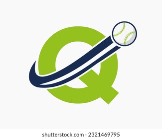 Initial Letter Q Baseball Logo Concept With Moving Baseball Icon Vector Template