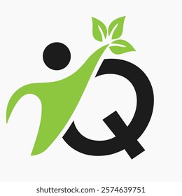 Initial Letter Q Bio or Healthcare Logo Design Concept With Human And Green Leaf Symbol